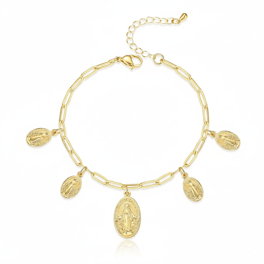 18K Gold Plated Miraculous Medal Paperclip Bracelet | 5 Medals