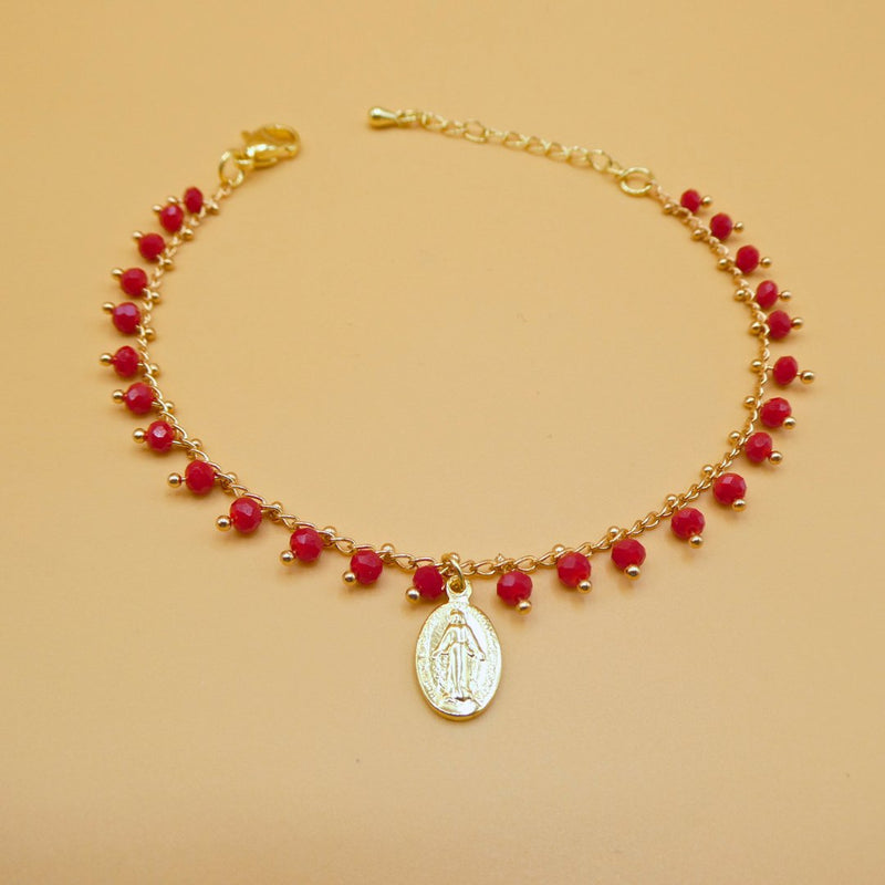 Gold-plated Miraculous Medal Red Bead Bracelet 7"+ 2.5" - Guadalupe Gifts