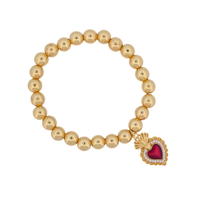 Gold-Plated Red Enamel Heart Charm Beaded Elastic Bracelet 7-inch - Guadalupe Gifts