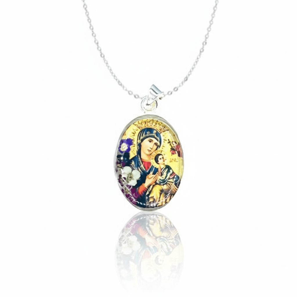 Our Lady of Perpetual Help Small Oval Pendant w/ Pressed Flowers 18-in ...