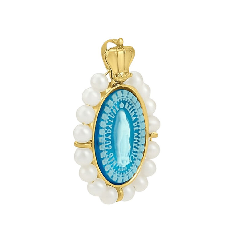 14k Gold Blue Agate Pearls Virgen de Guadalupe Medalla Princesa 0.7" x 0.5" - Guadalupe Gifts