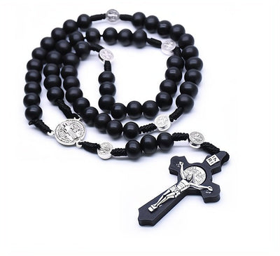 Black Wooden St Benedict Medal Rosary - Guadalupe Gifts