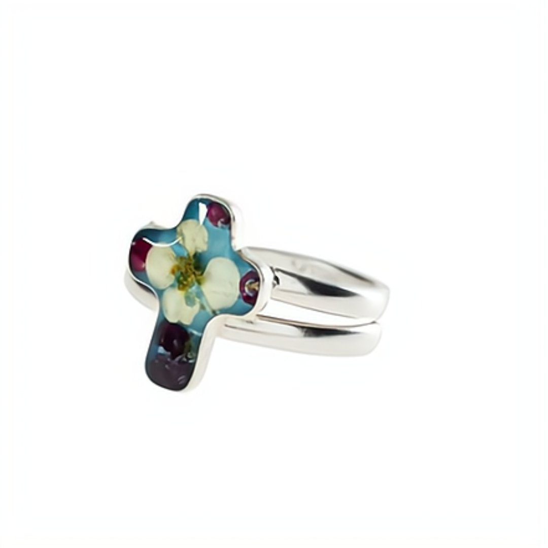 MOSAIC CROSS MULTI top GEMS SILVER Ring Adjustable