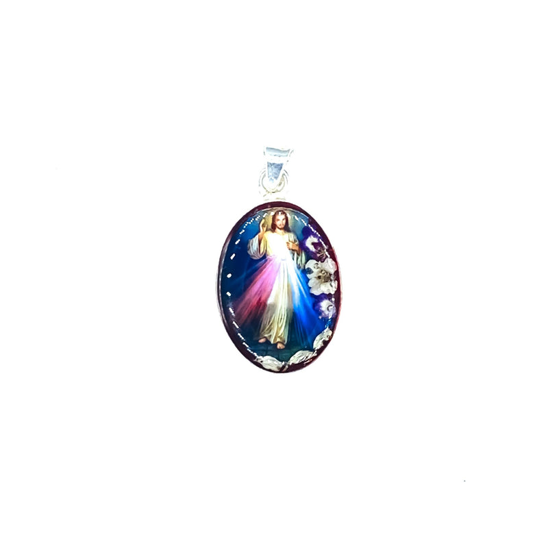 Divine Mercy Small Oval Pendant w/ Pressed Flowers - Guadalupe Gifts