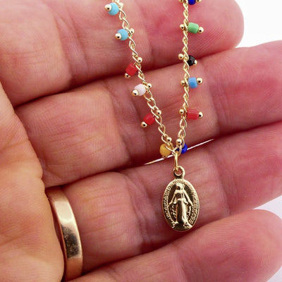 Gold-Plated Miraculous Medal Multicolor Beaded Necklace - Guadalupe Gifts