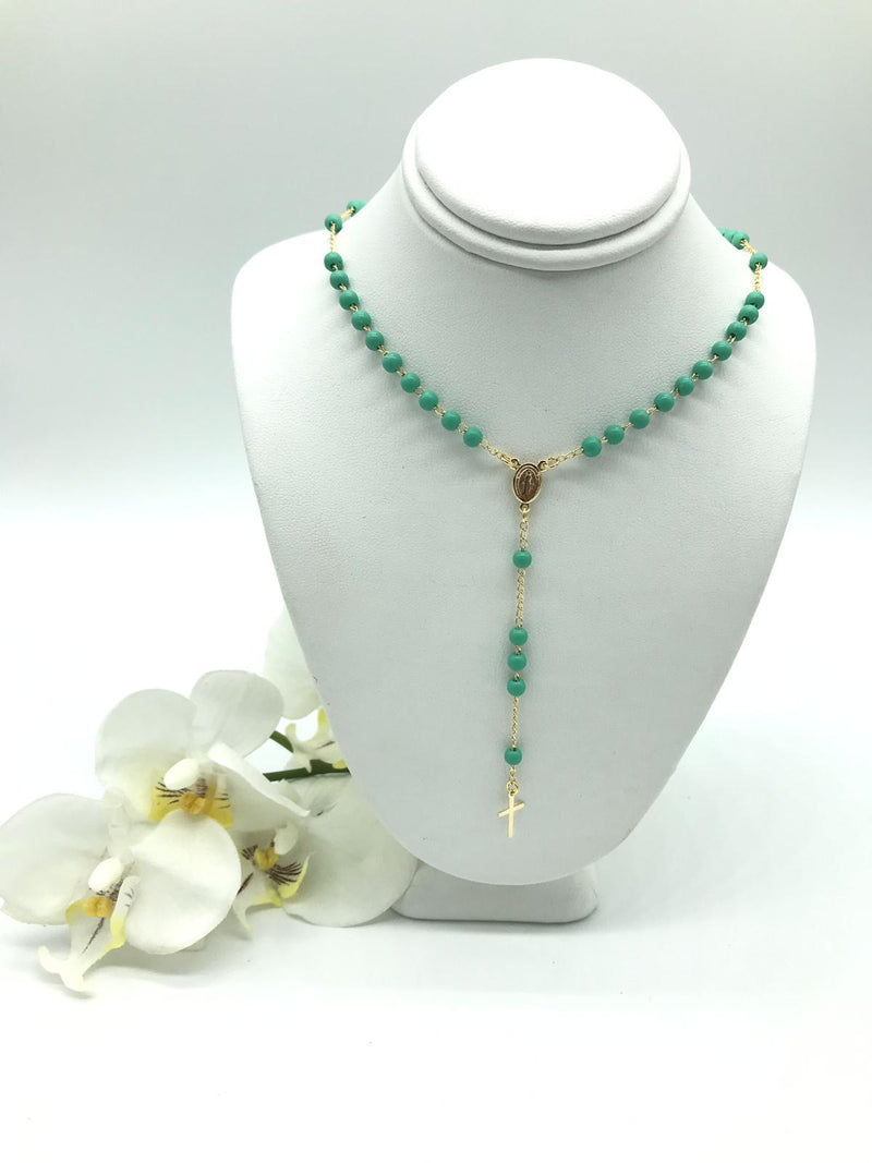 Gold-Plated Tiny Aqua Beads on Our Lady of Grace Necklace - Guadalupe Gifts