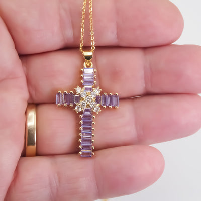 Gold-Plated Violet Zirconia Cross Necklace - Guadalupe Gifts