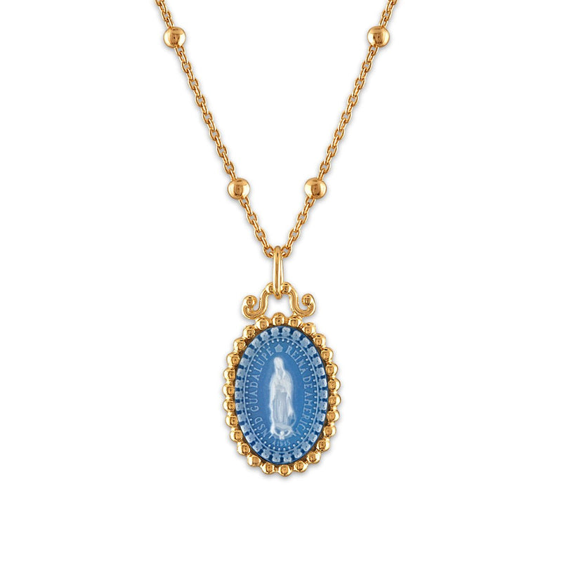 Gold Vermeil Blue Agate Virgen de Guadalupe Medalla Princesa 18" - Guadalupe Gifts