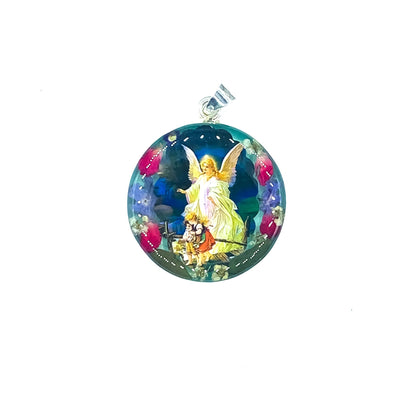 Guardian Angel Small Round Pendant w/ Pressed Flowers - Guadalupe Gifts