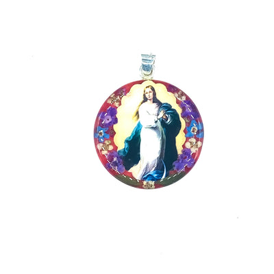 Immaculate Conception Large Round Pendant w/ Pressed Flowers - Guadalupe Gifts