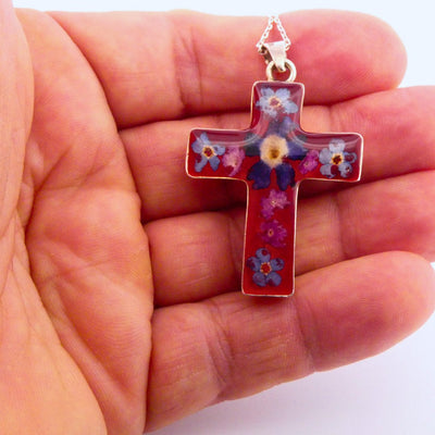 Medium Cross Necklace w/ Pressed Flowers - Guadalupe Gifts