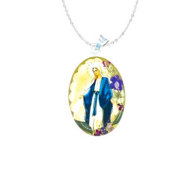Our Lady of Grace Small Oval Pendant w/ Pressed Flowers - Guadalupe Gifts