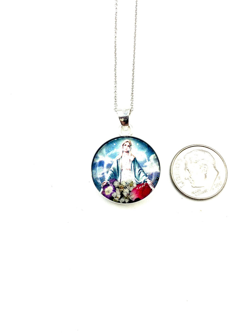 Our Lady of Grace Small Round Pendant w/ Pressed Flowers - Guadalupe Gifts