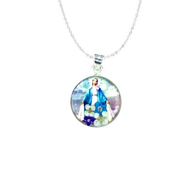 Our Lady of Grace Small Round Pendant w/ Pressed Flowers - Guadalupe Gifts