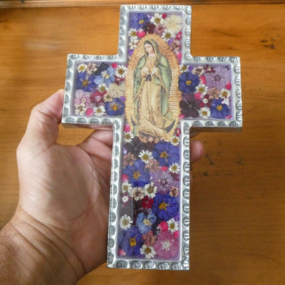 Our Lady of Guadalupe Baroque Wall Cross w/ Pressed Flowers 8.5" - Guadalupe Gifts