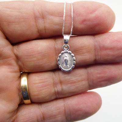 Our Lady of Guadalupe Medal Mini Oval Silver Floral Necklace - Guadalupe Gifts