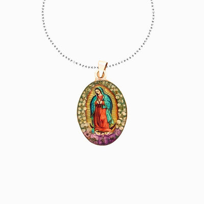 Our Lady of Guadalupe Oval Necklace w/ Pressed Flowers 18-inch - Guadalupe Gifts