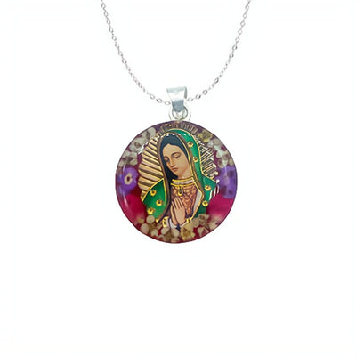 Our Lady of Guadalupe Small Round Pendant w/ Pressed Flowers - Guadalupe Gifts