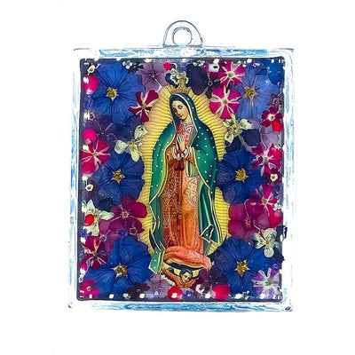 Our Lady of Guadalupe Wall Square-Shaped Pewter Frame w/ Pressed Flowers 4.7" x 3.9" - Guadalupe Gifts