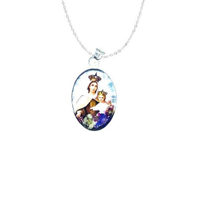 Our Lady of Mount Carmel Medium Oval Pendant w/ Pressed Flowers - Guadalupe Gifts