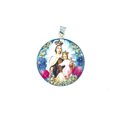 Our Lady of Mount Carmel Medium Round Pendant w/ Pressed Flowers - Guadalupe Gifts
