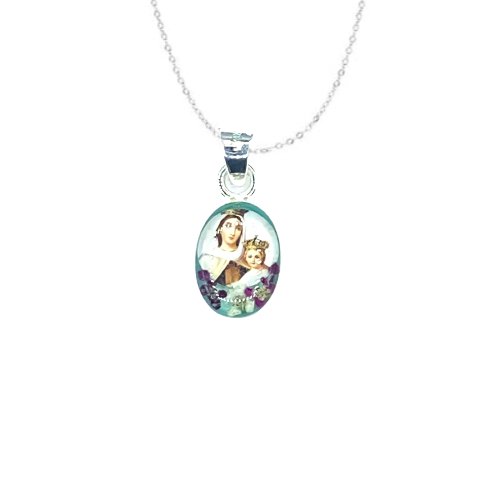 Our Lady of Mount Carmel Mini Oval Pendant w/ Pressed Flowers - Guadalupe Gifts