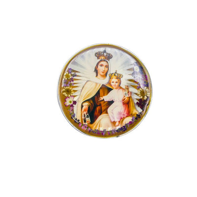 Our Lady of Mount Carmel Rosary Box w/ Pressed Flowers 2.9" x 1.5" x 2" - Guadalupe Gifts