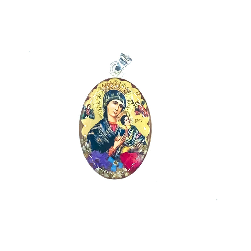 Our Lady of Perpetual Help Large Oval Pendant w/ Pressed Flowers - Guadalupe Gifts