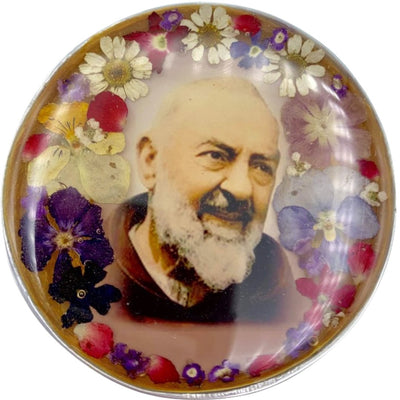 Padre Pio Rosary Box w/ Pressed Flowers 2.9" x 1.5" x 2" - Guadalupe Gifts