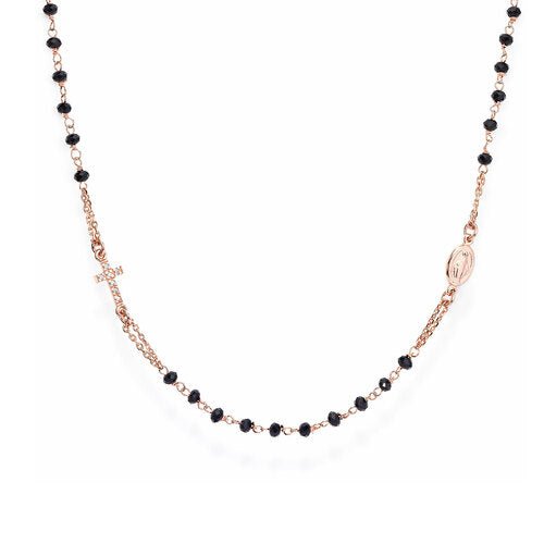 Rose Gold-Plated Silver Virgin Mary Choker with Black Cubic Zirconia and Cross - Guadalupe Gifts