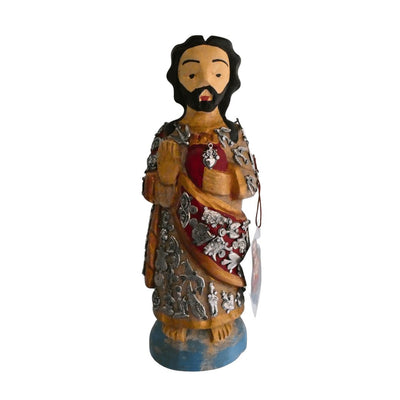 Sacred Heart Wood Statue with Milagros 10" x 3.5" x 2.5" - Guadalupe Gifts