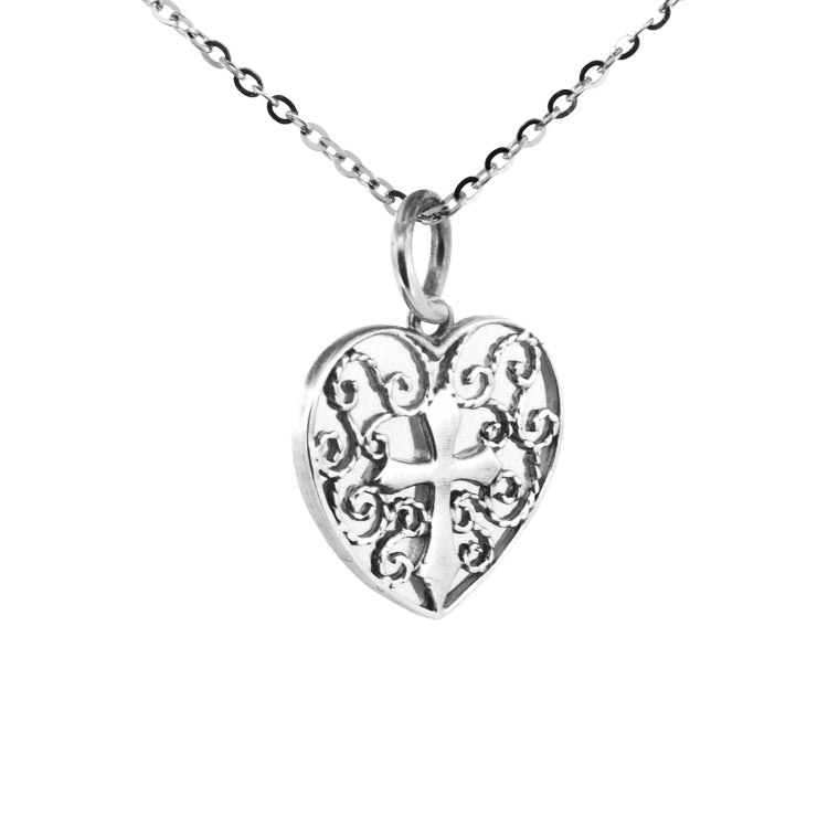 Silver Filigree Heart Cross Necklace - Guadalupe Gifts