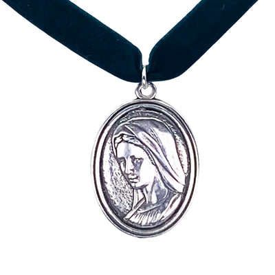 Silver-Plated Our Lady and Divine Mercy Velvet Necklace - Guadalupe Gifts