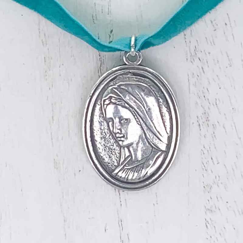 Silver-Plated Our Lady and Divine Mercy Velvet Necklace - Guadalupe Gifts