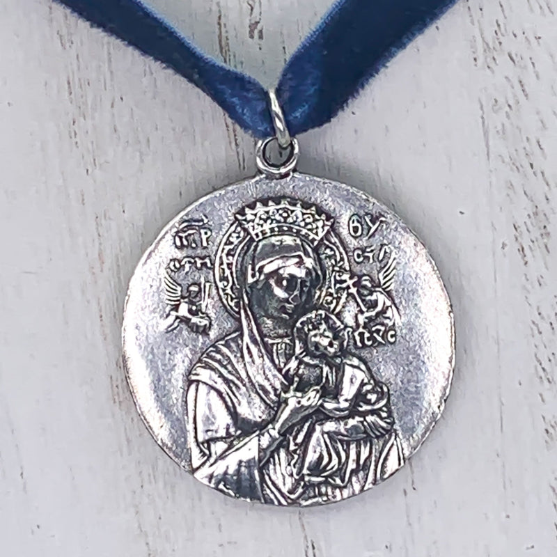 Silver-Plated Our Lady of Perpetual Help Velvet Necklace - Guadalupe Gifts