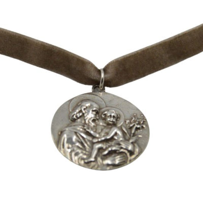 Silver-Plated St Joseph & Baby Jesus Medal Velvet Necklace - Guadalupe Gifts