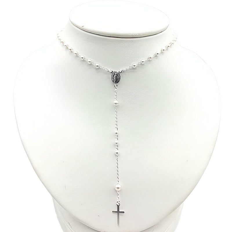 Silver-Plated Tiny Beads Pearl Our Lady of Grace Rosary Necklace - Guadalupe Gifts