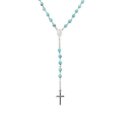 Silver Rosary Necklace w/ Sky Blue Stones - Guadalupe Gifts