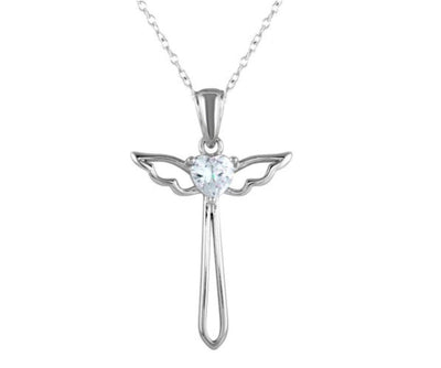 Silver Winged Heart Cross Necklace w/ Zirconia - Guadalupe Gifts