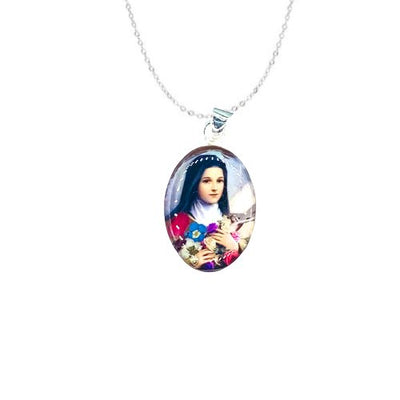 St Therese of Lisieux Small Oval Pendant w/ Pressed Flowers - Guadalupe Gifts