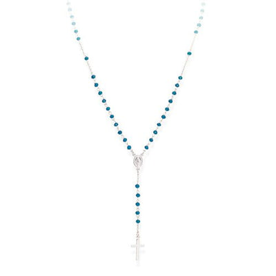 Sterling silver Rosary Necklace Blue Crystals- Rhodium - Guadalupe Gifts