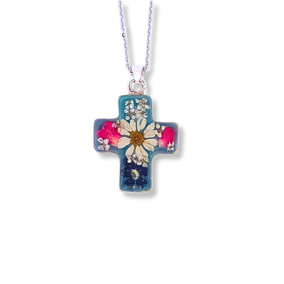 Thick Cross Necklace w/ Pressed Flowers - Guadalupe Gifts