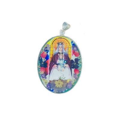 Virgin of Coromoto Oval Medallion w/ Pressed Flowers - Guadalupe Gifts