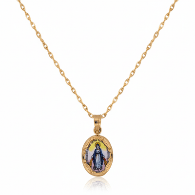 14k Gold and Hand - Painted Porcelain Miraculous Medal Oval 0.3" x 0.5" - Guadalupe Gifts
