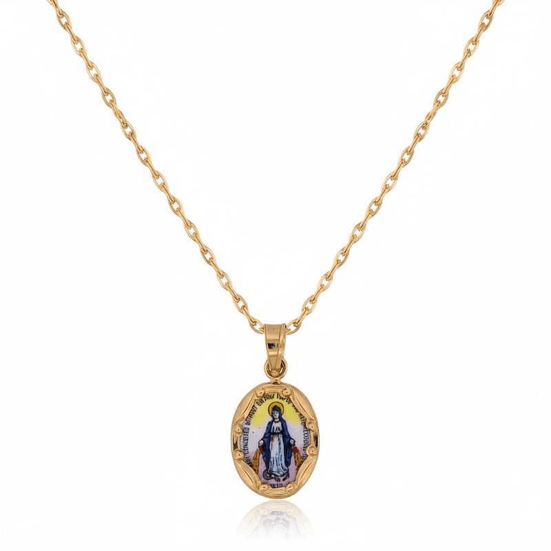 14k Gold and Hand - Painted Porcelain Miraculous Medal Oval 0.3" x 0.5" - Guadalupe Gifts