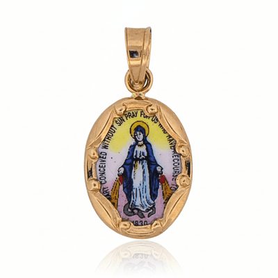 14k Gold and Hand - Painted Porcelain Miraculous Medal Oval 0.3" x 0.5" - Guadalupe Gifts