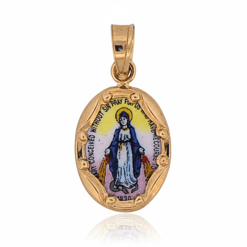 14k Gold and Hand - Painted Porcelain Miraculous Medal Oval 0.3" x 0.5" - Guadalupe Gifts