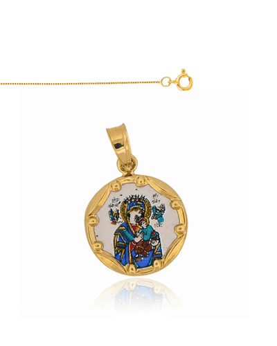 14k Gold and Hand - Painted Porcelain Our Lady of Perpetual Help Round 0.5" x 0.5" - Guadalupe Gifts
