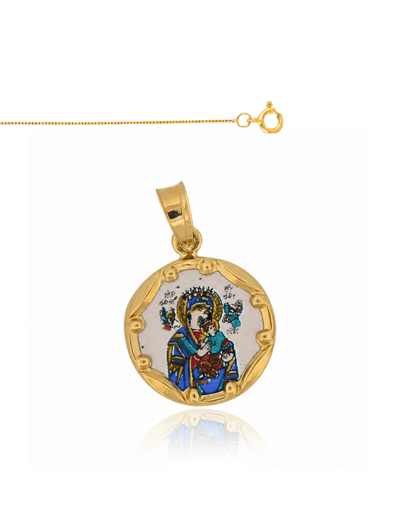 14k Gold and Hand - Painted Porcelain Our Lady of Perpetual Help Round 0.5" x 0.5" - Guadalupe Gifts