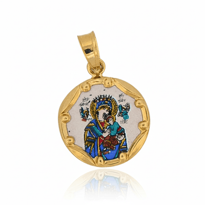 14k Gold and Hand - Painted Porcelain Our Lady of Perpetual Help Round 0.5" x 0.5" - Guadalupe Gifts